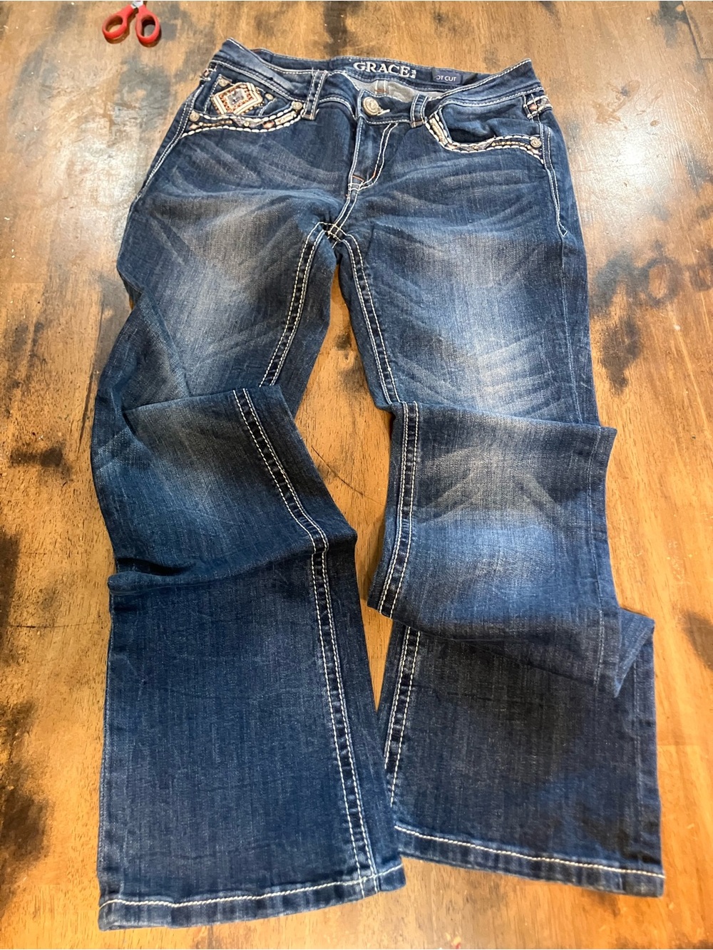 Grace in LA Dark Blue Boot Cut Jeans with Embroidered Pockets
